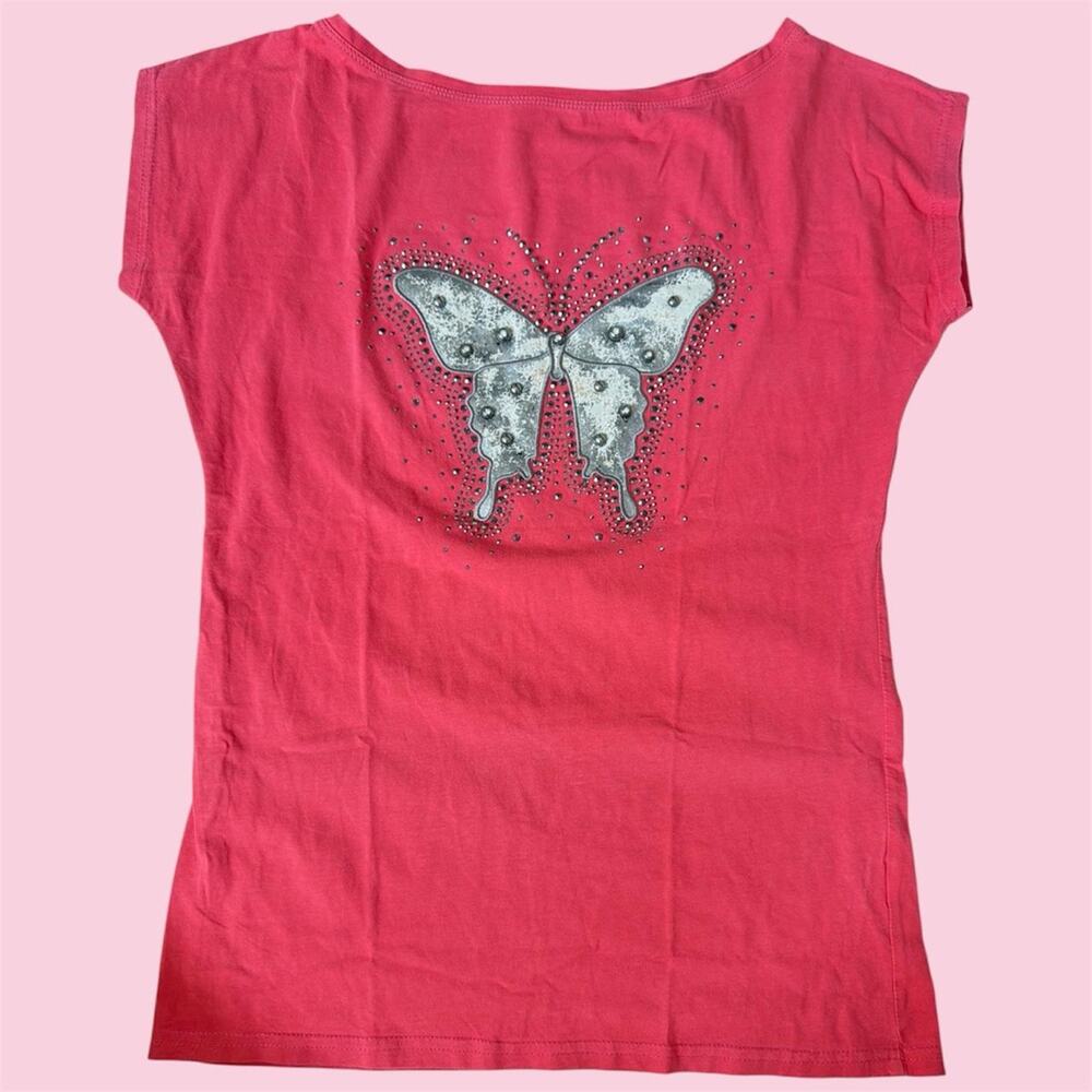 Y2K Red Butterfly Rhinestone Top with Silver Butterfly Graphic